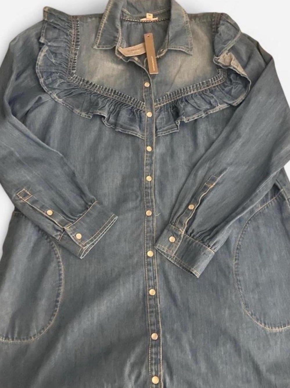 Anthropologie Pilcro Denim Button-Front Ruffle Yoke Shirt Dress - Blue
